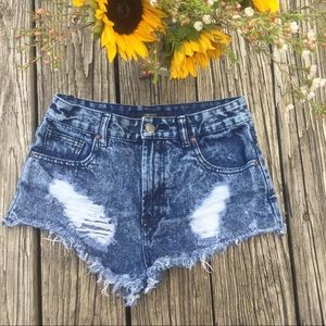Dark Acid Distressed High Waisted Denim Shorts